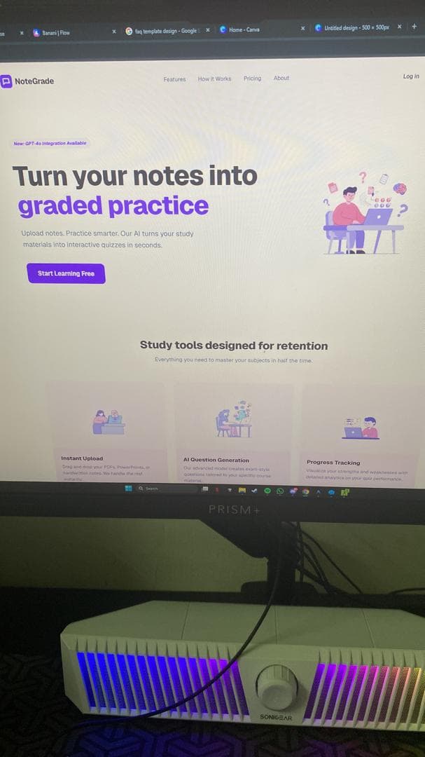 NoteGrade landing page on screen